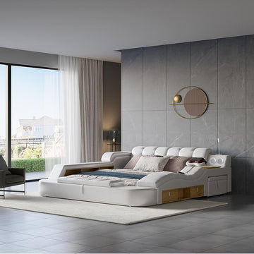 King White Smart Bed Faux Leather Bed with Charger, Massage & Speaker